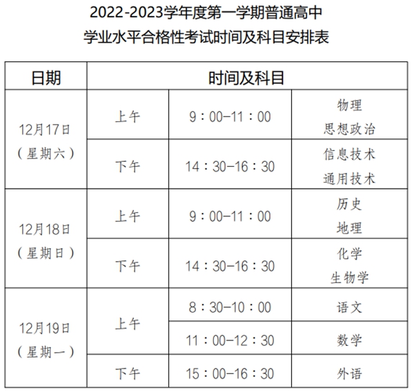 2023年重慶高中各科會(huì)考時(shí)間安排一覽表