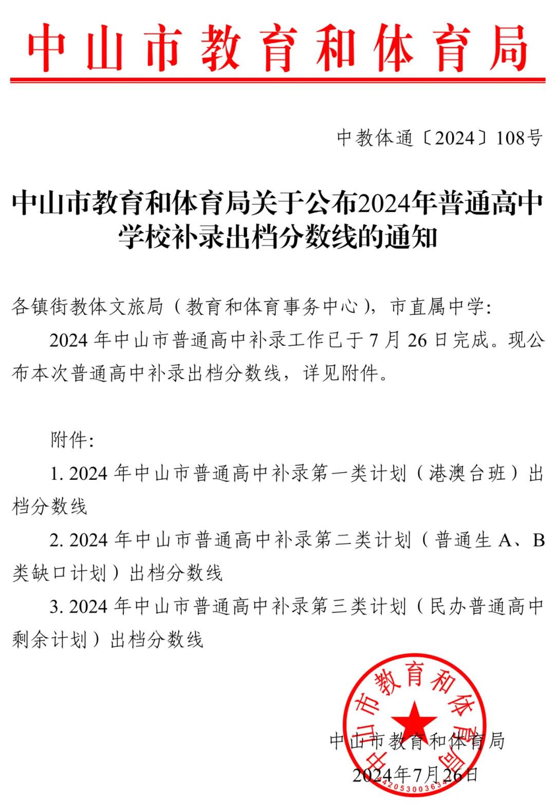 2025年中山中考各高中錄取分?jǐn)?shù)線一覽表